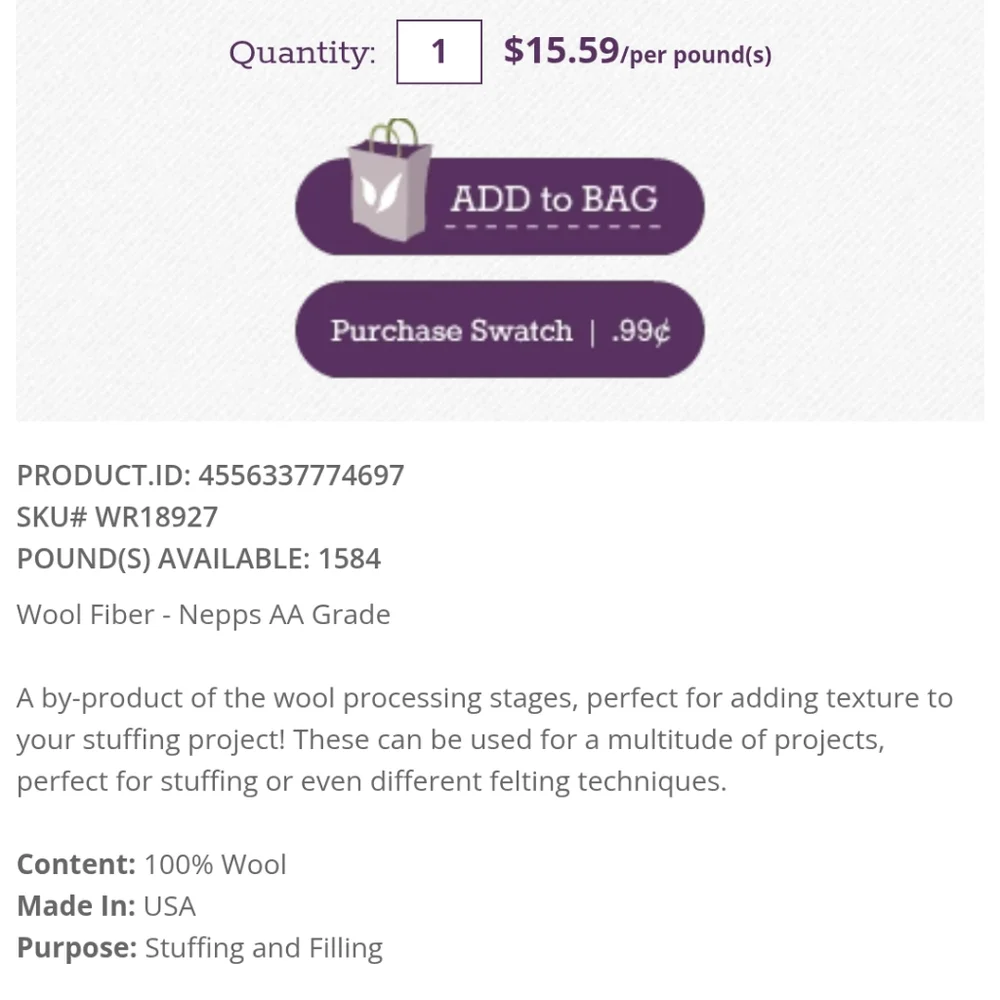 Wool Slubs/Stuffing Nepps Grade AA - Picture 2 of 3
